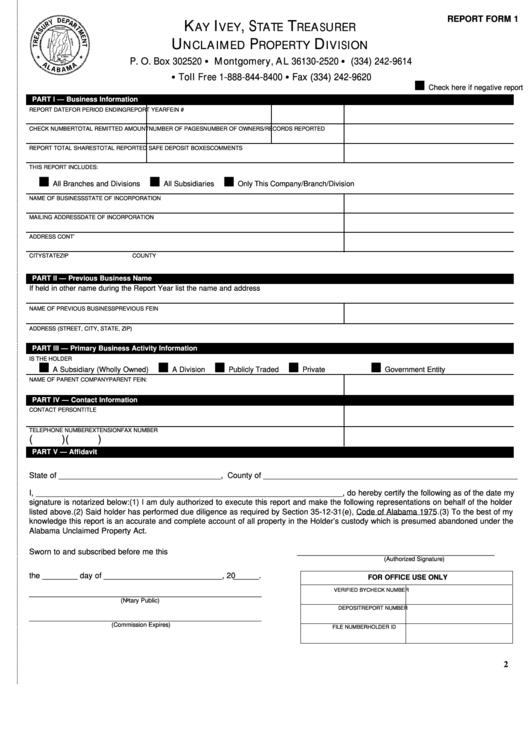 Fillable Report Form 1 - Unclaimed Property Division - Alabama Department Of Treasury Printable pdf