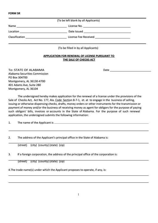 Form Sr Application For Renewal Of License Pursuant To The Sale Of Checks Act - Alabama Securities Commission Printable pdf