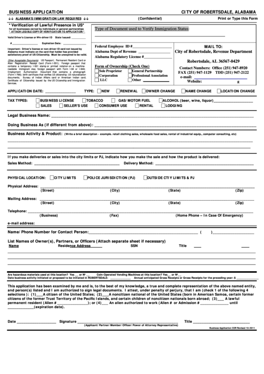 Business Application Form - City Of Robertsdale, Alabama Printable pdf