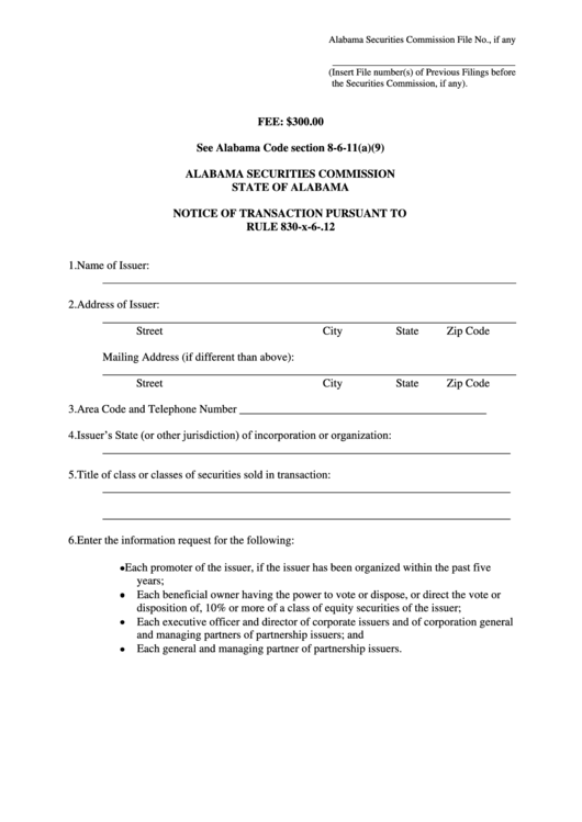 Notice Of Transaction Pursuant To Rule 830-X-6-.12 Form - Alabama Securities Commission Printable pdf