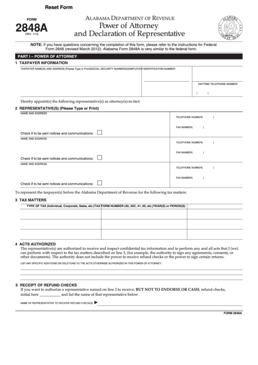 Fillable Form 2848a Power Of Attorney And Declaration Of Representative - 2013 Printable pdf