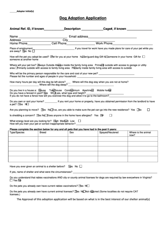 Dog Adoption Application Form printable pdf download