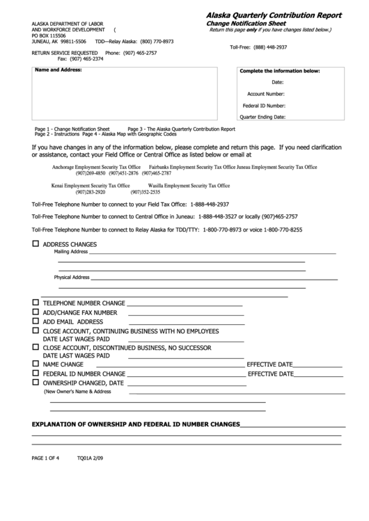 Tq01a Alaska Quarterly Contribution Report Change Notification Sheet Printable pdf