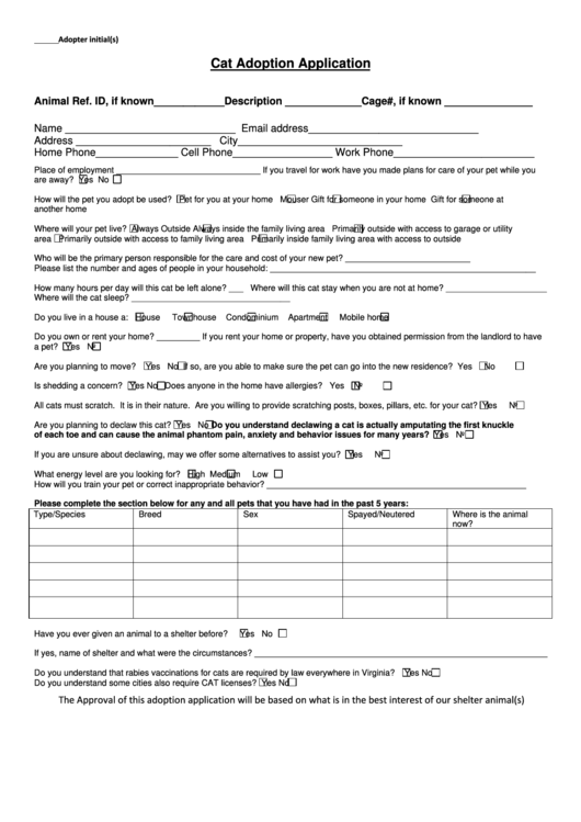 Cat Adoption Application Form printable pdf download