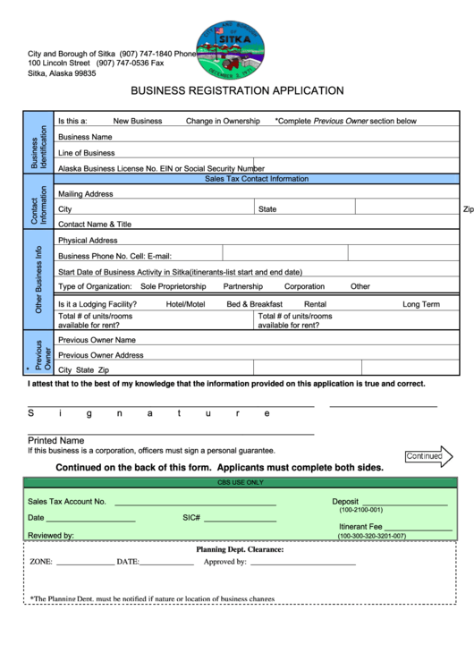 Business Registration Application Form - City And Borough Of Sitka