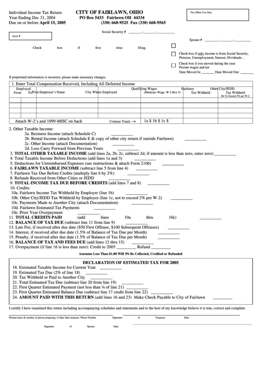 Individual Income Tax Return Form - City Of Fairlawn, Ohio Printable pdf