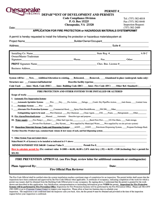 Fillable Application For Fire Protection Or Hazardous Materials System Permit Form Printable pdf