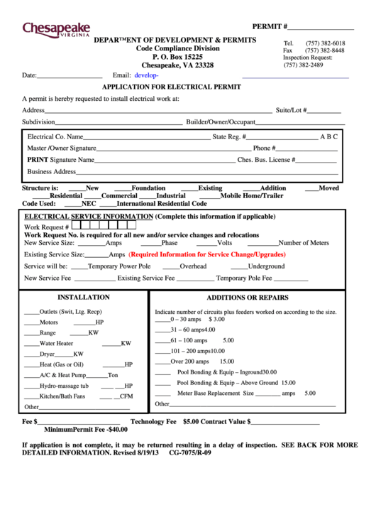 Fillable Electrical Permit Application Form Printable pdf
