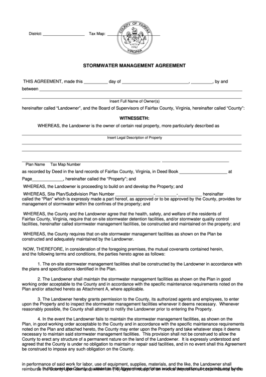 Fillable Stormwater Management Agreement Form Printable pdf