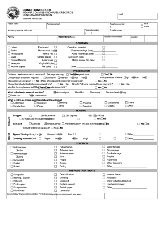 Fillable Form 49116 - Condition Report - Indiana Commission On Public Records Conservation Division Printable pdf