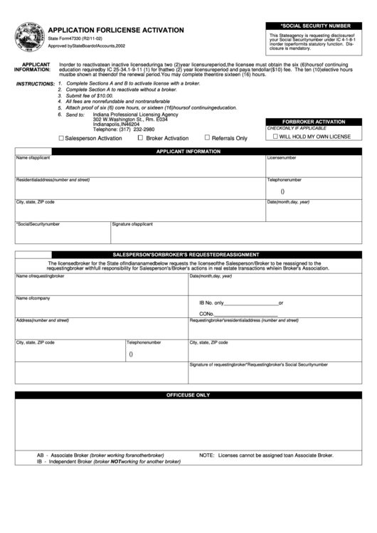 Form 47330 - Application For License Activation - Indiana Professional Licensing Agency Printable pdf