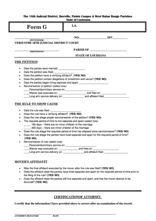 Form G - La. C.c. Art. 102 Divorce Checklist