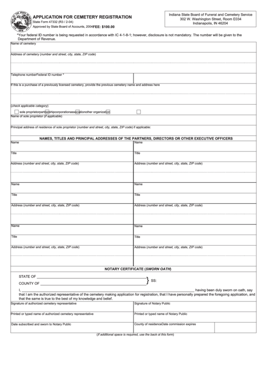 Form 47332 - Application For Cemetery Registration Printable pdf