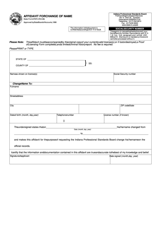 Fillable Form 47870 - Affidavit For Change Of Name - Indiana Professional Standards Board Printable pdf