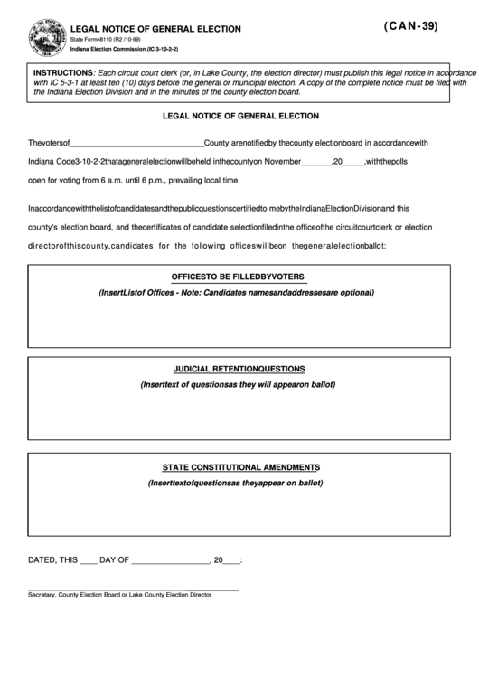 Fillable Form 48110 - Legal Notice Of General Election - Indiana Election Commission Printable pdf