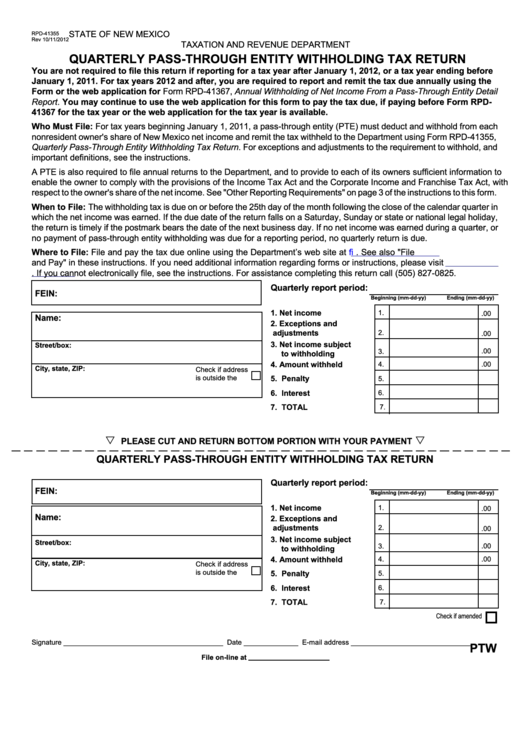 Rpd-41355 - Quarterly Pass-Through Entity Withholding Tax Return Form - New Mexico Taxation And Revenue Department Printable pdf