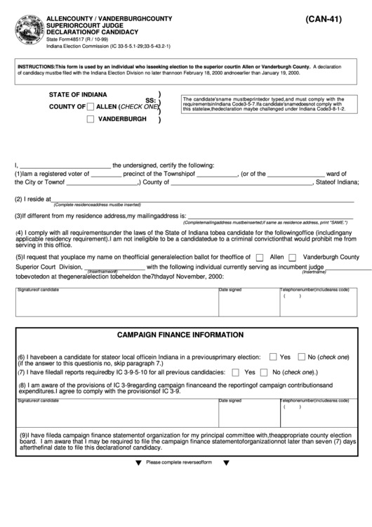 Fillable Form 48517 - Allen County / Vanderburgh County Superior Court Judge Declaration Of Candidacy - Indiana Election Commission Printable pdf