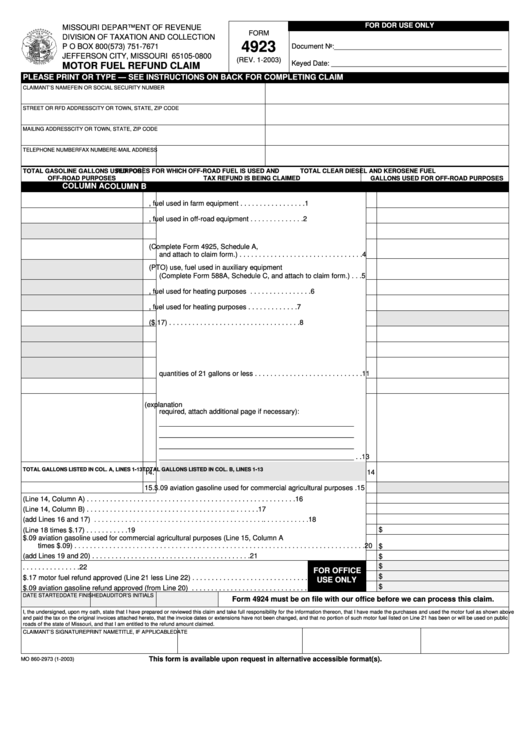 Fillable Form 4923 - Motor Fuel Refund Claim - Missouri Department Of Revenue Printable pdf