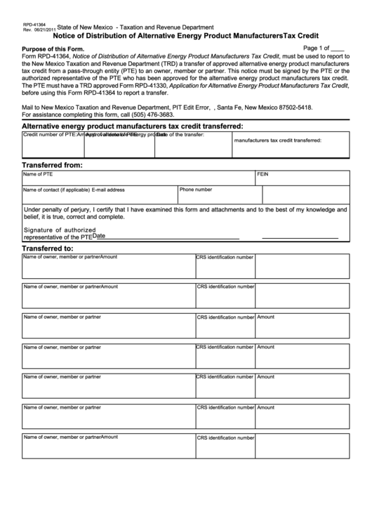 Form Rpd-41364 - Notice Of Distribution Of Alternative Energy Product Manufacturers Tax Credit Form - 2011 Printable pdf