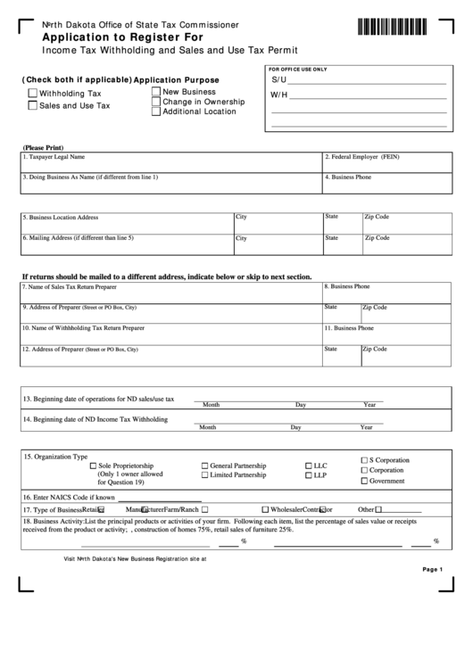 Fillable Form 59507 - Application To Register For Income Tax Withholding And Sales And Use Tax Permit - 2013 Printable pdf