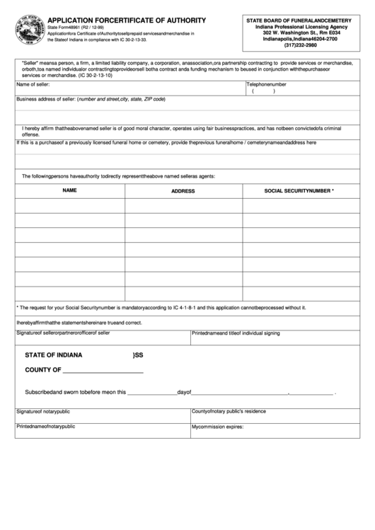 Fillable Form 48961 - Application For Certificate Of Authority - Indiana Professional Licensing Agency Printable pdf