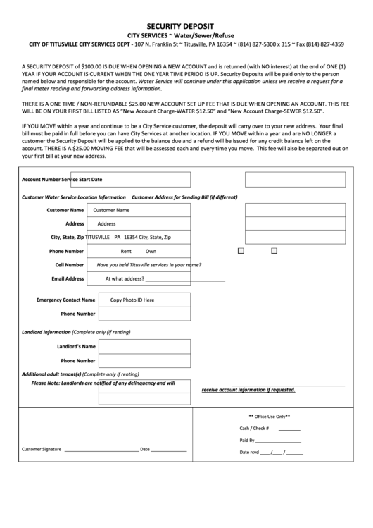 Security Deposit Template Printable pdf
