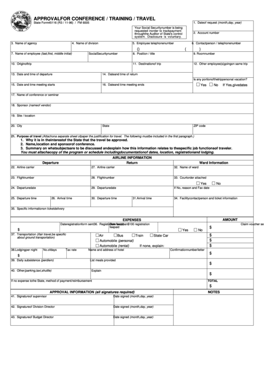 Fillable Form 45116 - Approval For Conference / Training / Travel - State Of Indiana Printable pdf