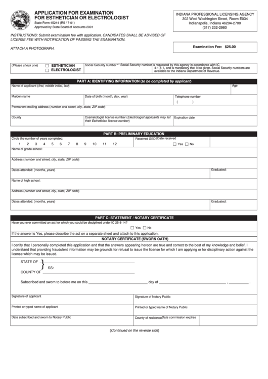 Form 45244 - Application For Examination For Esthetician Or Electrologist - Indiana Professional Licensing Agency - 2001 Printable pdf