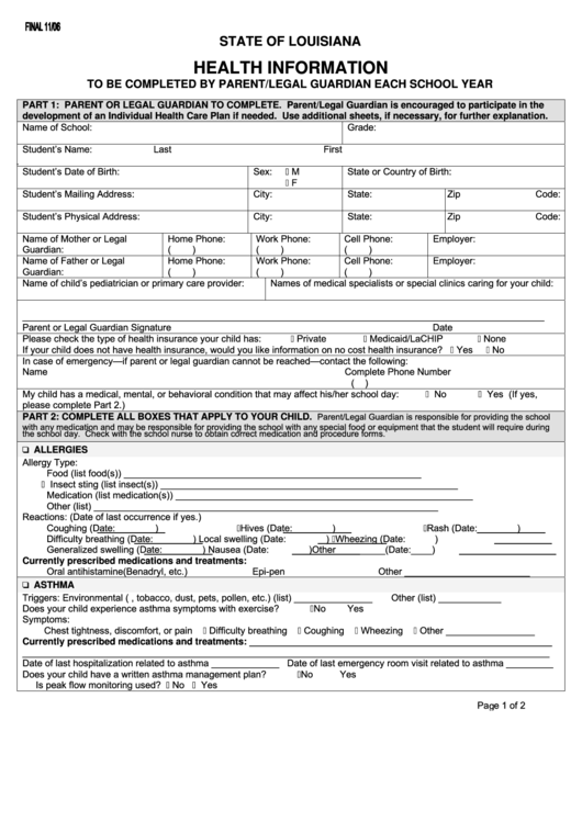 Health Information Form - Louisiana Printable pdf