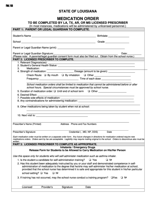 Medication Order Form - Louisiana Printable pdf