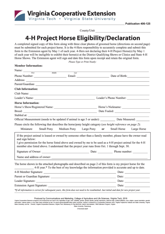 4-H Project Horse Eligibility/declaration Form - Virginia Cooperative Extension Printable pdf