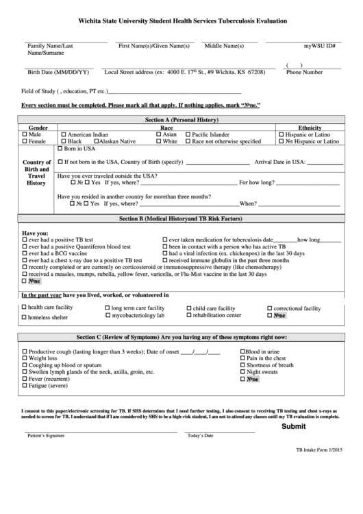 Fillable Wichita State University Student Health Services Tuberculosis Evaluation Form Printable pdf