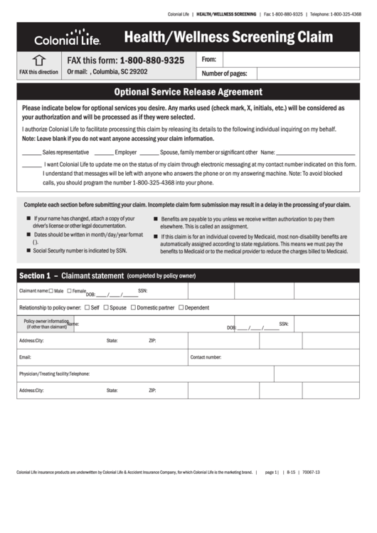 Fillable Colonial Life Health wellness Screening Claim Form 2015 