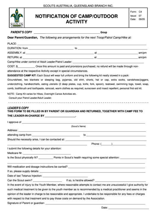 Fillable Notification Of Camp/outdoor Activity Form - Scouts Australia Printable pdf