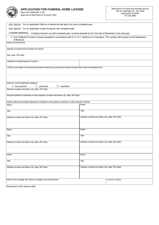 Form 45268 - Application For Funeral Home Licence - Indiana State Board Of Funeral And Cemetery Service - 2003 Printable pdf