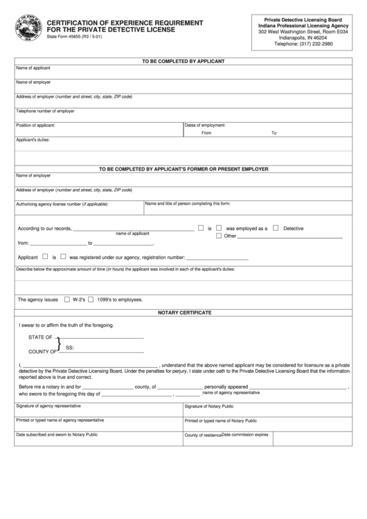 Fillable Form 45655 - Certification Of Experience Requirement For The Private Detective License - Indiana Professional Licensing Agency Printable pdf
