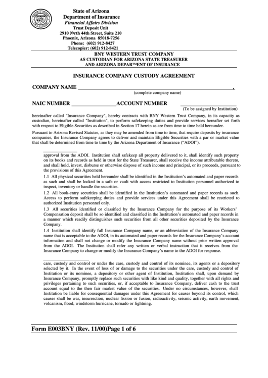 Form E003bny - Insurance Company Custody Agreement - Department Of Insurance, State Of Arizona Printable pdf