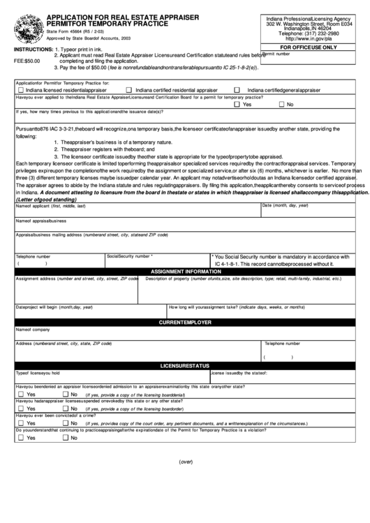 Form 45664 - Application For Real Estate Appraiser Permit For Temporary Practice - Indiana Professional Licensing Agency Printable pdf