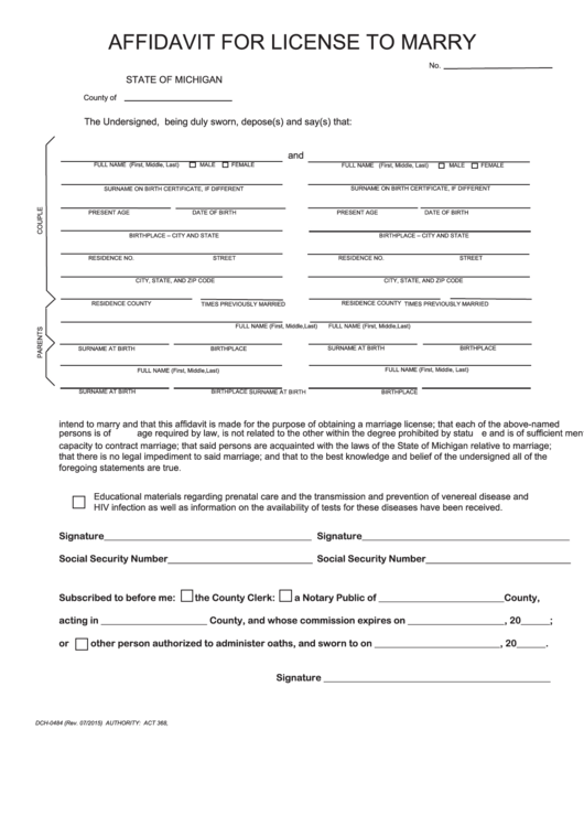 Fillable Affidavit For License To Marry Template Printable pdf