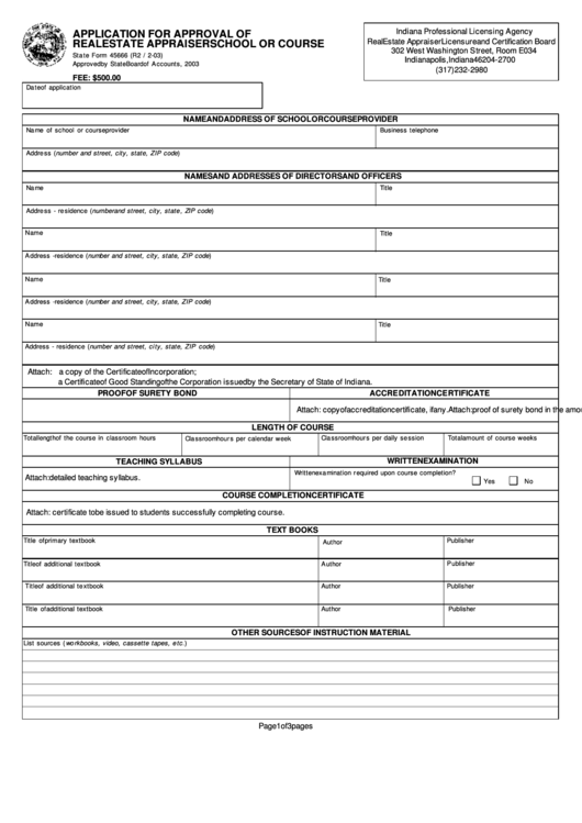 Form 45666 - Application For Approval Of Real Estate Appraiser School Or Course Printable pdf
