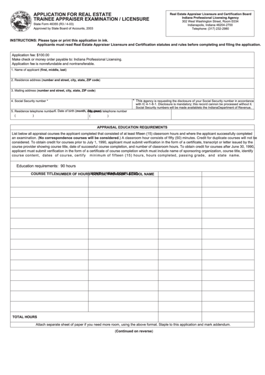 State Form 46355 - Application For Real Estate Trainee Appraiser Examination/licensure - 2003 Printable pdf