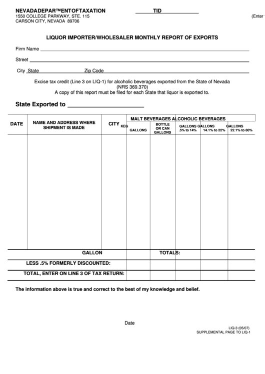 Form Liq-3 - Liquor Importer/wholesaler Monthly Report Of Exports - Nevada Department Of Taxation Printable pdf