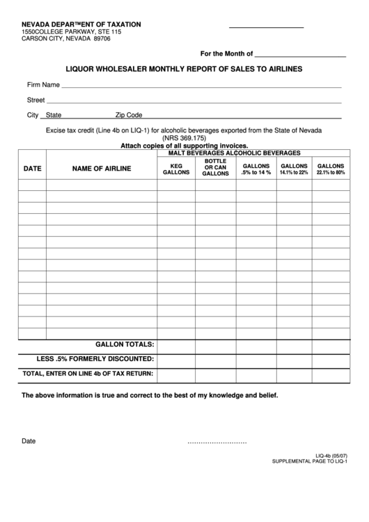 Form Liq-4b - Liquor Wholesaler Monthly Report Of Sales To Airlines - Nevada Department Of Taxation Printable pdf