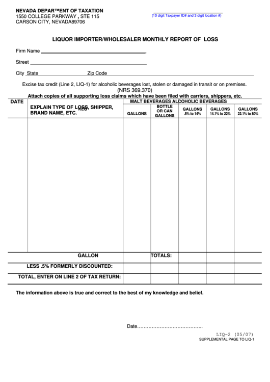 Form Liq-2 - Liquor Importer/wholesaler Monthly Report Of Loss - Nevada Department Of Taxation Printable pdf