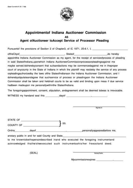 Fillable Form 44147 - Agent Of Auctioneer To Accept Service Of Process Or Pleading - Indiana Auctioneer Commission Printable pdf