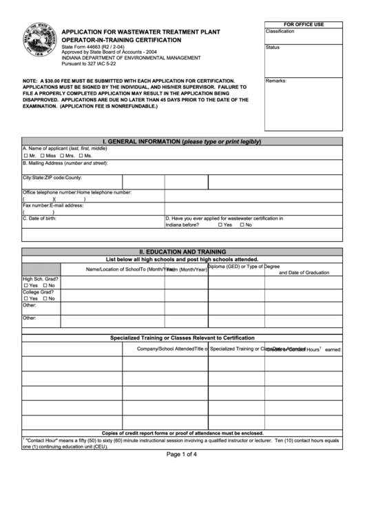 State Form 44663 - Application For Wastewater Treatment Plant Operator-In-Training Certification Printable pdf
