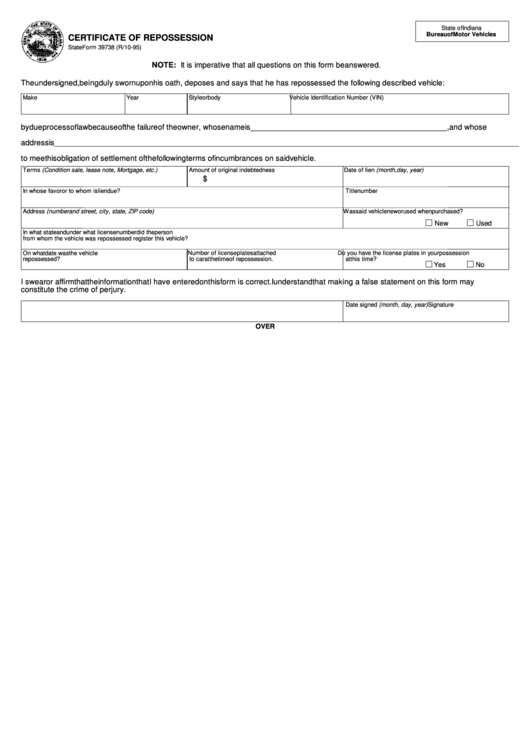Fillable Form 39738 - Certificate Of Repossession - Bureau Of Motor Vehicles, State Of Indiana Printable pdf