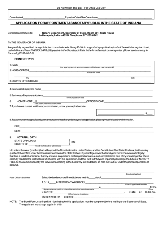 Fillable Application For Appointment As A Notary Public In The State Of Indiana Form - Secretary Of State, State Of Indiana Printable pdf