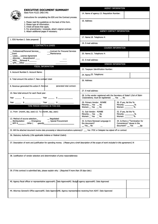 State Form 41221 - Executive Document Summary - 2004 Printable pdf