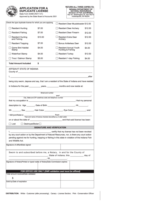 State Form 42480 - Application For A Duplicate License Printable pdf